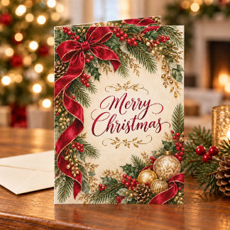 Elegant Rode Lint & Gouden Kerstmis Kaart