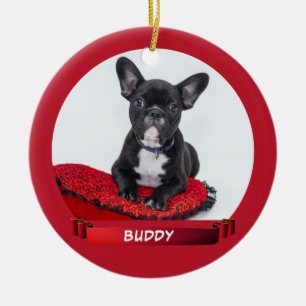 Elegant Rode Lintje Hond Puppies Huisdier Foto Keramisch Ornament