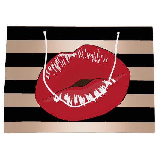 elegant rode lippen roos gouden strepen patroon groot cadeauzakje (Voorkant)