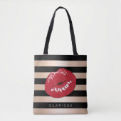 elegant rode lippen roos gouden strepen patroon tote bag (Voorkant)
