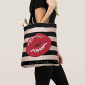 elegant rode lippen roos gouden strepen patroon tote bag (Dichtbij)