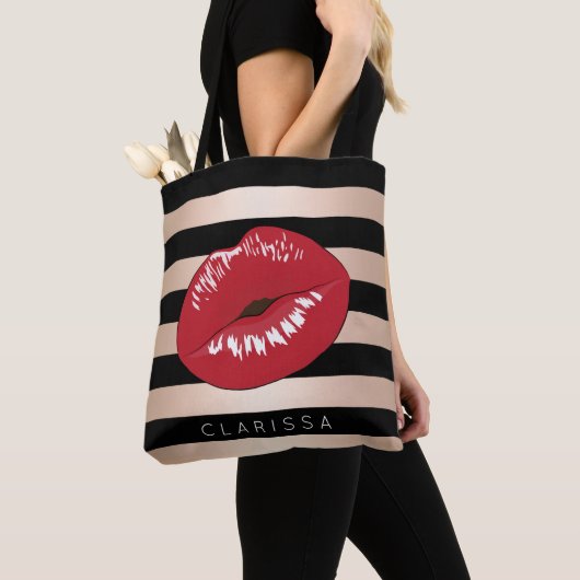 elegant rode lippen roos gouden strepen patroon tote bag (Dichtbij)