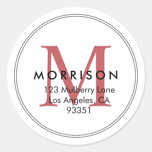 Elegant Rode Monogram Retouradres Ronde Sticker (Voorkant)