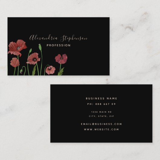 Elegant rode papaverbloem op zwart visitekaartje (Voorkant / Achterkant)