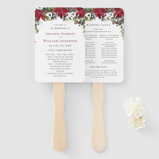 Elegant Rode Poinsettia Huwelijksceremonie Program Handwaaier (Voorkant en achterkant)