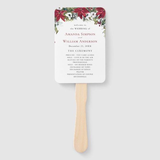 Elegant Rode Poinsettia Huwelijksceremonie Program Handwaaier (Voorkant)