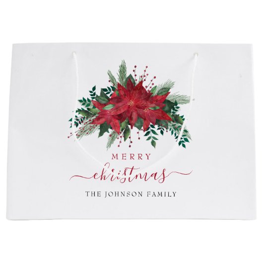 Elegant Rode Poinsettia Script Kerstmis Groot Cadeauzakje (Voorkant)