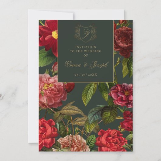 Elegant rode roos op groene klassieke bruiloft kaart (Achterkant)