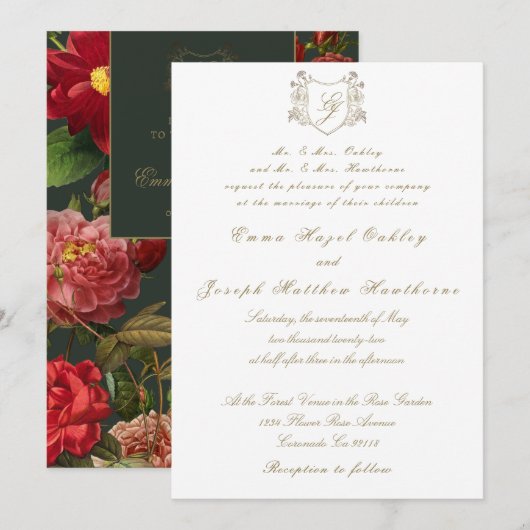 Elegant rode roos op groene klassieke bruiloft kaart (Voorkant / Achterkant)