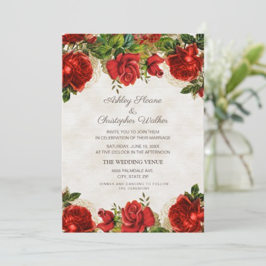 Elegant  Rode Roses Wedding Kaart (Staand voorkant)