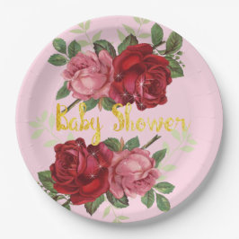 Elegant, Rode Rozen, Baby Shower, Papieren Borden  Bordje