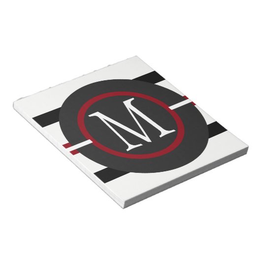 Elegant rode, witte en zwarte lijnen met monogram notitieblok (Schuin)