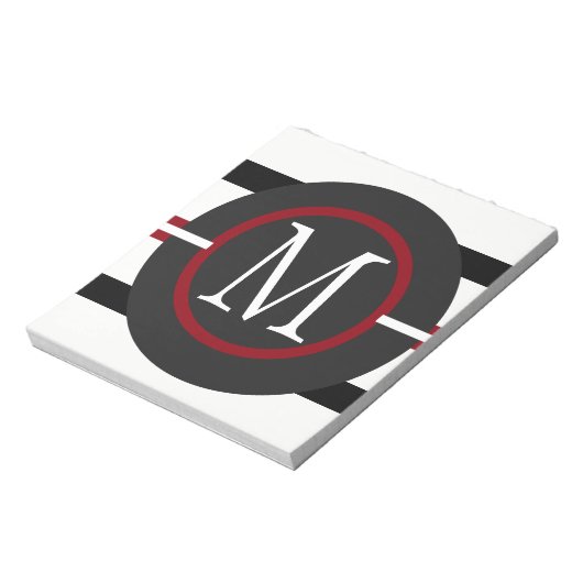 Elegant rode, witte en zwarte lijnen met monogram notitieblok (Linkerzijde)