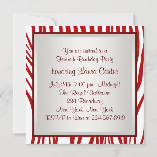 Elegant rode Zebra verjaardagsfeestje Kaart (Achterkant)