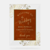 Elegant Roest Oranje en Gouden Trouwbegroeting Acryl Bord (Voorkant)
