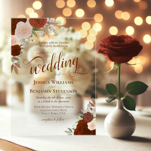 Elegant Roest Verbrand Sinaasappel Boho Rozen Fanc Acryl Uitnodigingen