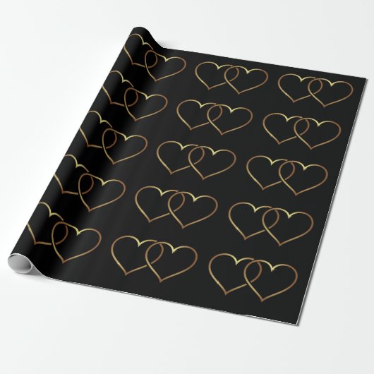 Elegant Romantic Black & Gold Intertwined Hearts Cadeaupapier (Uitgerold)