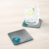 Elegant & Romantic Blauwgroen parels & Roos op maa Bier Onderzetter (Rechterzijde)