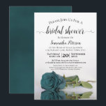 Elegant Romantic Blauwgroen Roos Vrijgezellenfeest Kaart<br><div class="desc">Deze prachtige bruiddoucheuitnodiging bevat een foto van één blauwgroen of turkooiskleurig roos met lange steeltjes dat aan de zijkant staat en dat reflecteert in een pool water met golven en rimpels. De elegante titel van de manuscriptkalligrafie leent klasse en stijl. Omvat informatie over zowel de douche als het cadeauregister. De...</div>