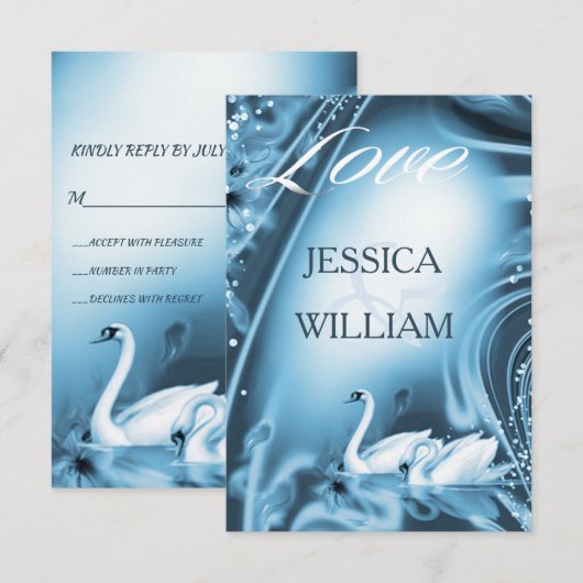 Elegant Romantic Blue Swan Love Weddenschap RSVP (Voorkant / Achterkant)