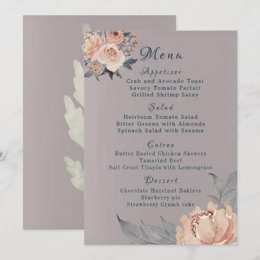 Elegant Romantic Blush Gray Coral Floral Wedding Menu (Voorkant / Achterkant)