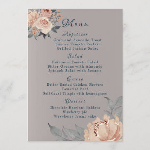 Elegant Romantic Blush Gray Coral Floral Wedding Menu