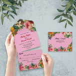 Elegant Romantic Blush Pink Summer Floral Wedding All In One Uitnodiging<br><div class="desc">Deze elegante bloemenbruiloft uitnodiging is perfect voor een moderne zomer bloemenbruiloft. Het romantische design heeft een prachtig waterverf botanische tuin bloemige lijst met elegante zwarte typografie op een blozend roze achtergrond.</div>