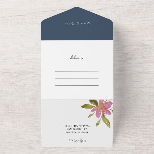 Elegant Romantic Boho Waterverf Floral All In One Uitnodiging (Buitenkant)