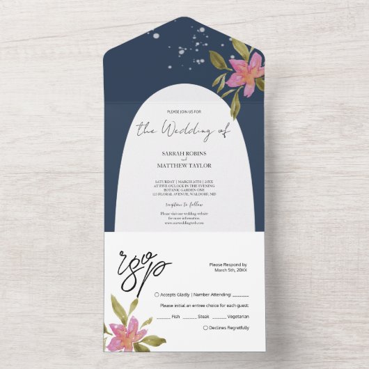 Elegant Romantic Boho Waterverf Floral All In One Uitnodiging (Binnen)