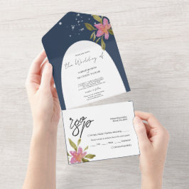 Elegant Romantic Boho Waterverf Floral All In One Uitnodiging