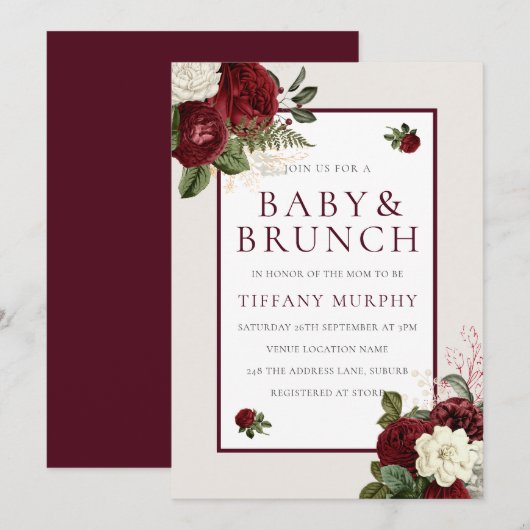 Elegant Romantic Burgundy Floral Baby shower Kaart (Voorkant / Achterkant)