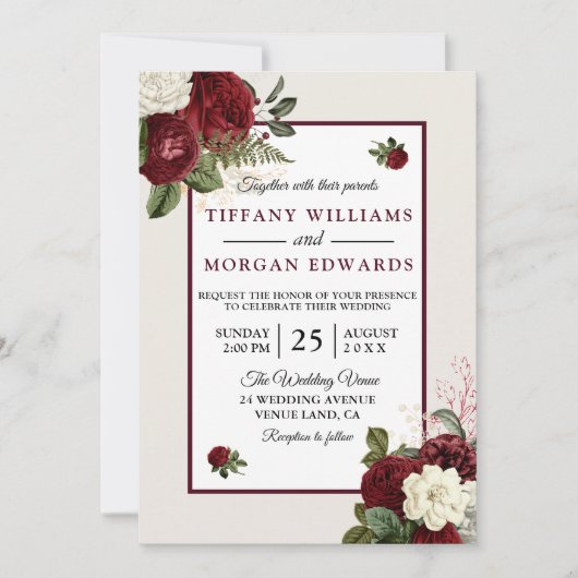 Elegant Romantic Burgundy Floral Wedding Invite Kaart (Voorkant)
