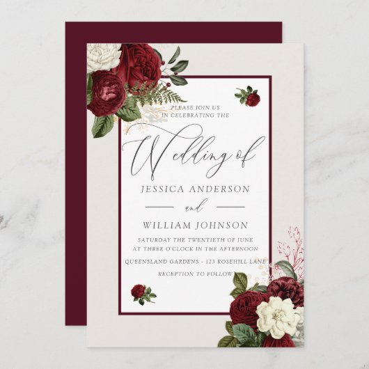 Elegant Romantic Burgundy Red Floral Wedding Kaart (Voorkant / Achterkant)
