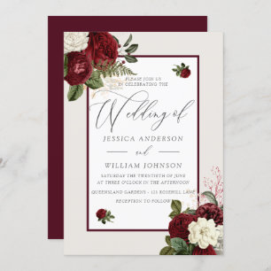 Elegant Romantic Burgundy Red Floral Wedding Kaart