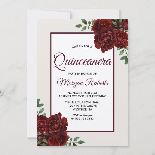 Elegant Romantic Burgundy Rozen Quinceanera Kaart (Voorkant)