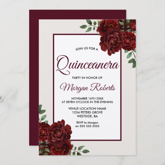 Elegant Romantic Burgundy Rozen Quinceanera Kaart (Voorkant / Achterkant)