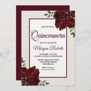 Elegant Romantic Burgundy Rozen Quinceanera Kaart