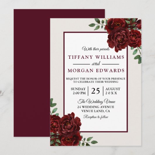 Elegant Romantic Burgundy Rozen Wedding Invite Kaart (Voorkant / Achterkant)