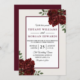 Elegant Romantic Burgundy Rozen Wedding Invite Kaart