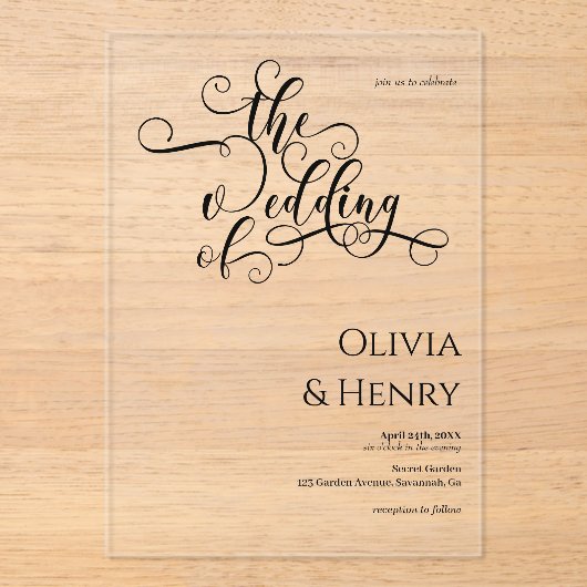 Elegant Romantic Calligraphy Script Wedding Acryl Uitnodigingen (Voorkant)