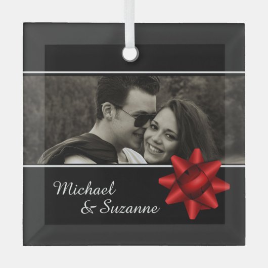 Elegant Romantic Custom Photo Red Ribbon Glas Ornament (Voorkant)