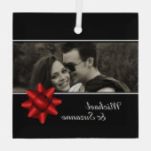 Elegant Romantic Custom Photo Red Ribbon Glas Ornament (Achterkant)