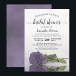 Elegant Romantic Dusty Paars Roos Vrijgezellenfees Kaart<br><div class="desc">Deze prachtige bruiddoucheuitnodiging bevat een foto van één enkel paars, lavender of lila gekleurd roos met lange steeltjes aan de zijkant dat reflecteert in een pool water met golven en rimpels. De elegante titel van de manuscriptkalligrafie leent klasse en stijl. Omvat informatie over zowel de douche als het cadeauregister. De...</div>