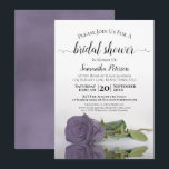 Elegant Romantic Dusty Paars Roos Vrijgezellenfees Kaart<br><div class="desc">Deze prachtige bruiddoucheuitnodiging bevat een foto van één enkel paars, lavender of lila gekleurd roos met lange steeltjes aan de zijkant dat reflecteert in een pool water met golven en rimpels. De elegante titel van de manuscriptkalligrafie leent klasse en stijl. Omvat informatie over zowel de douche als het cadeauregister. De...</div>