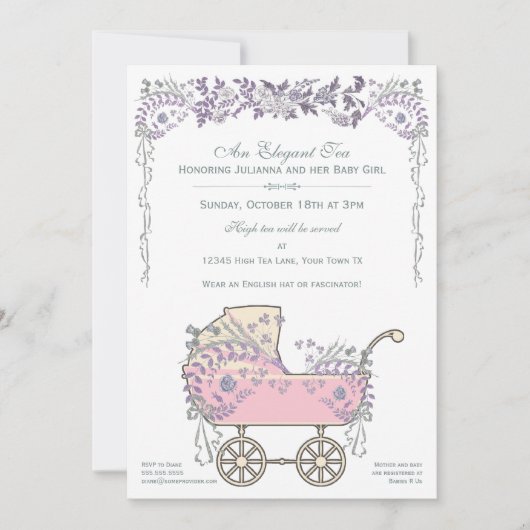 Elegant Romantic Floral Baby Girl Buggy Shower Kaart (Voorkant)