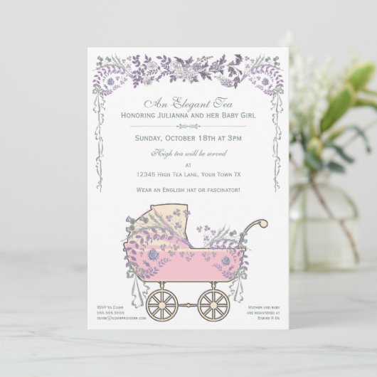 Elegant Romantic Floral Baby Girl Buggy Shower Kaart (Staand voorkant)