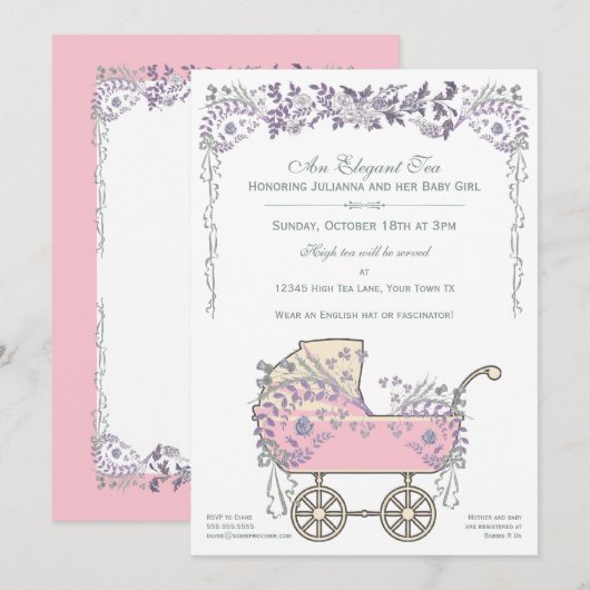 Elegant Romantic Floral Baby Girl Buggy Shower Kaart (Voorkant / Achterkant)