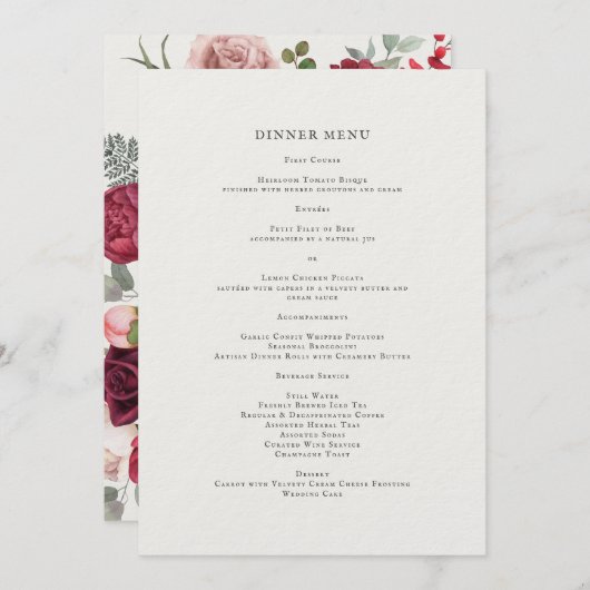 Elegant Romantic Floral Dinner Menu (Voorkant / Achterkant)