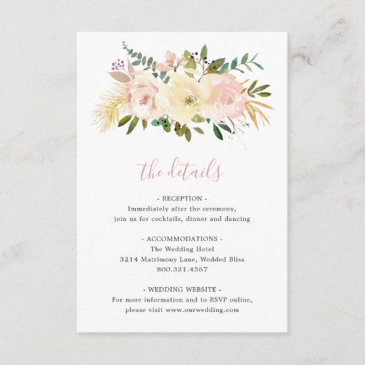 Elegant Romantic Floral Gold Blush Pink Weddenscha Informatiekaartje (Voorkant)