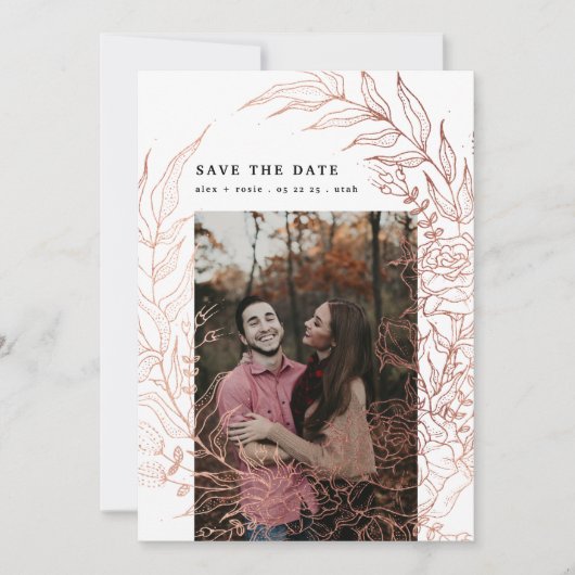 Elegant Romantic Floral Roos Gold Wreath Wedding Save The Date (Voorkant)